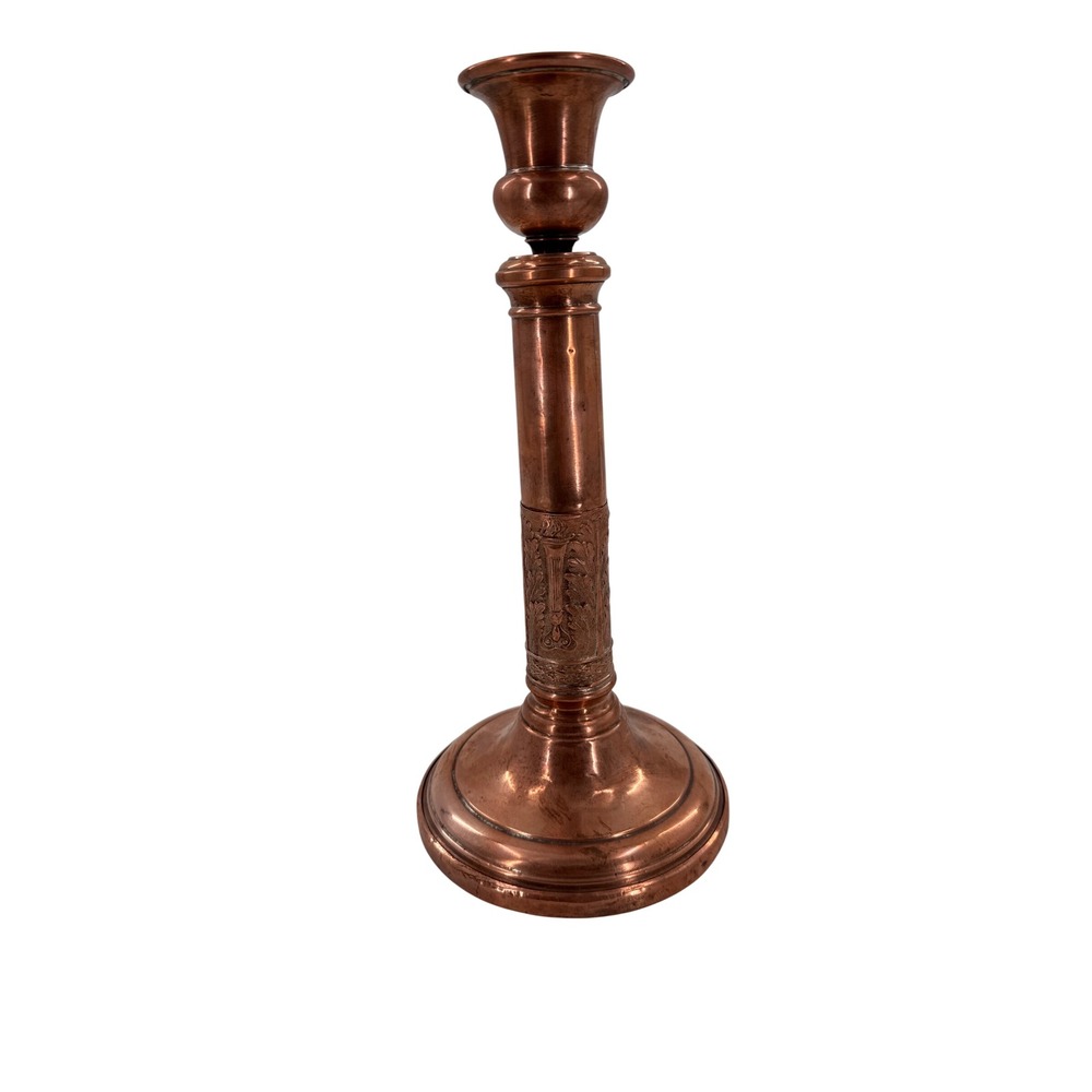 Copper Taper Candlestick Holder Embossed Acanthus Leaf Signed Antique 9.5 Inch